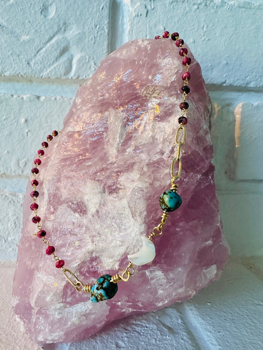 Turquoise and Rhodonite Wire Wrapped Necklace