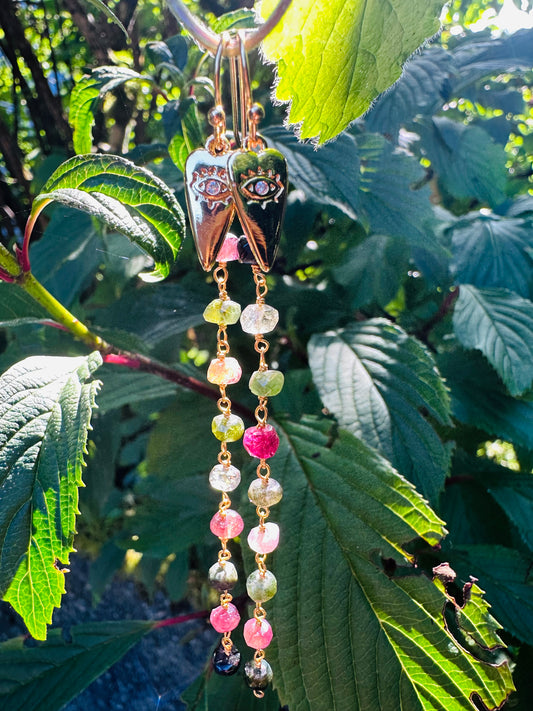 Coloured Tourmaline and Gold Witchy Charm Dangling Earrings