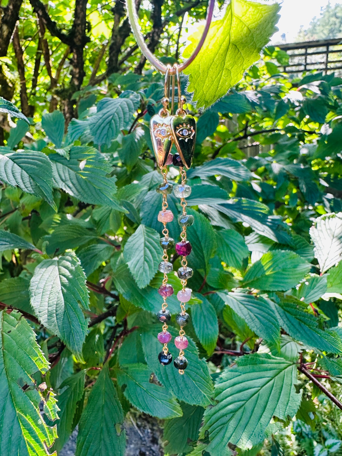 Coloured Tourmaline and Gold Witchy Charm Dangling Earrings