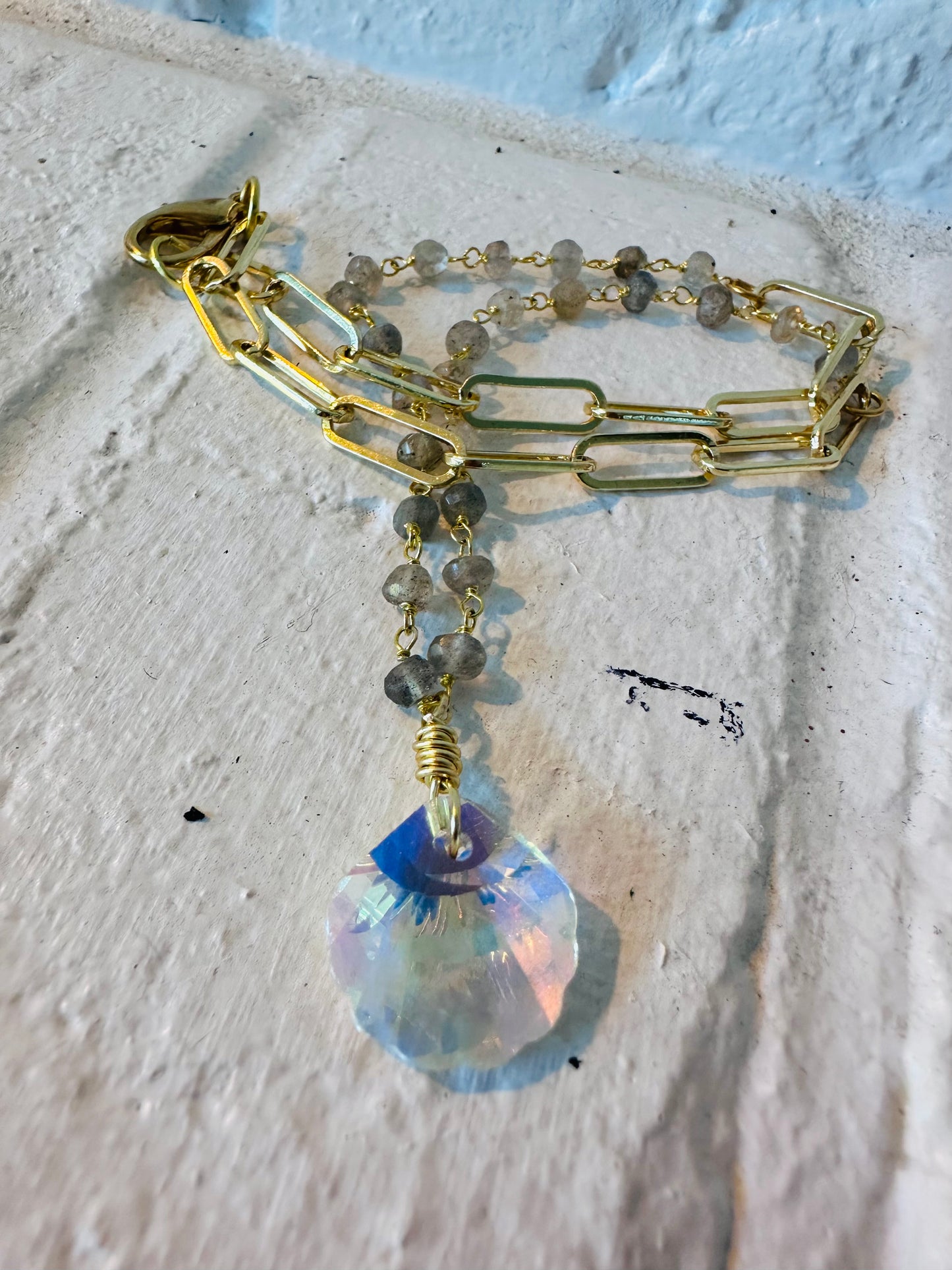 Crystal Shell Labradorite and Gold Paperclip Chain Necklace