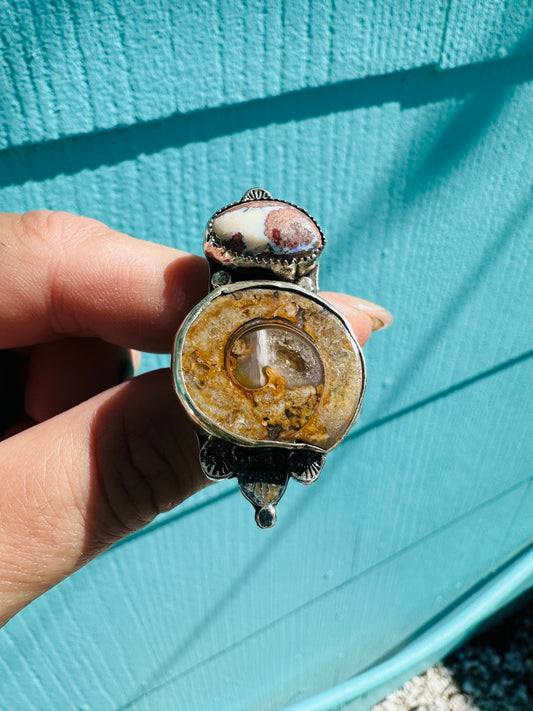 Boho Sterling Silver Statement Ring with Fossilized Druzy & Mexican Opal – Size 7