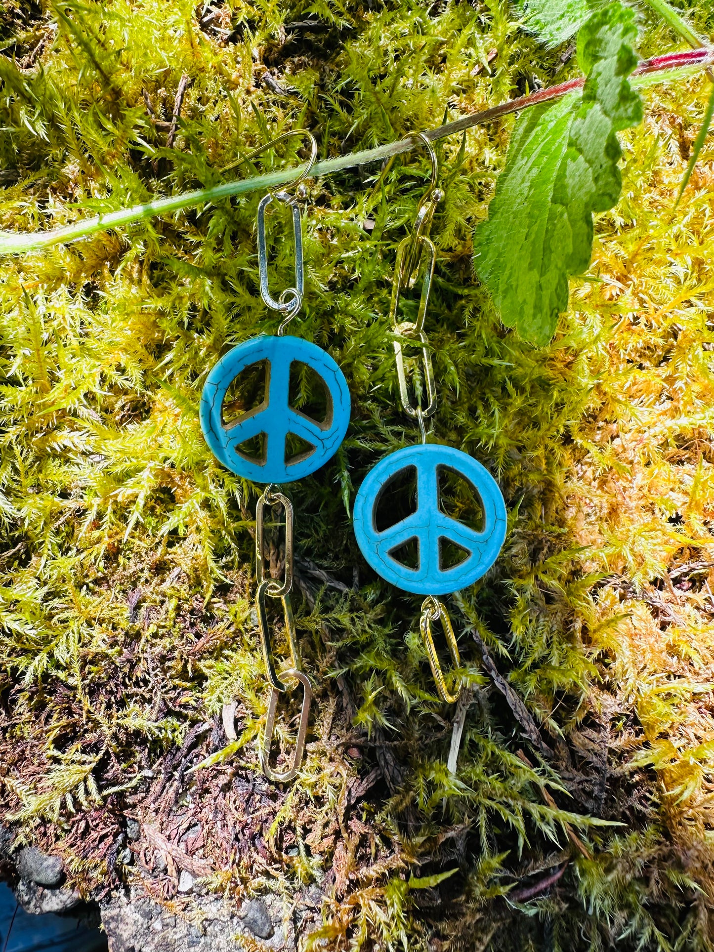 Peace Sign Gold Paper Clip Chain Earrings