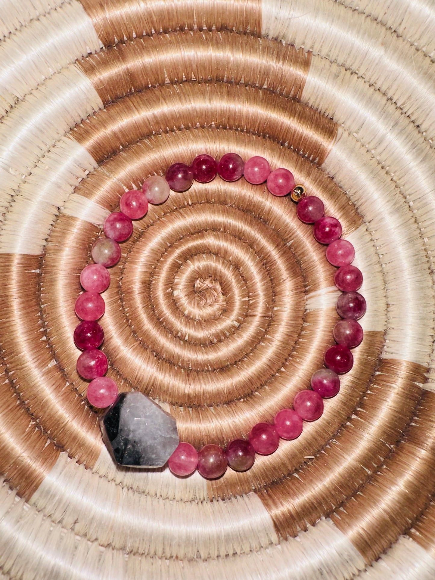 Watermelon Tourmaline Crystal Bracelet with Tourmalinated Quartz