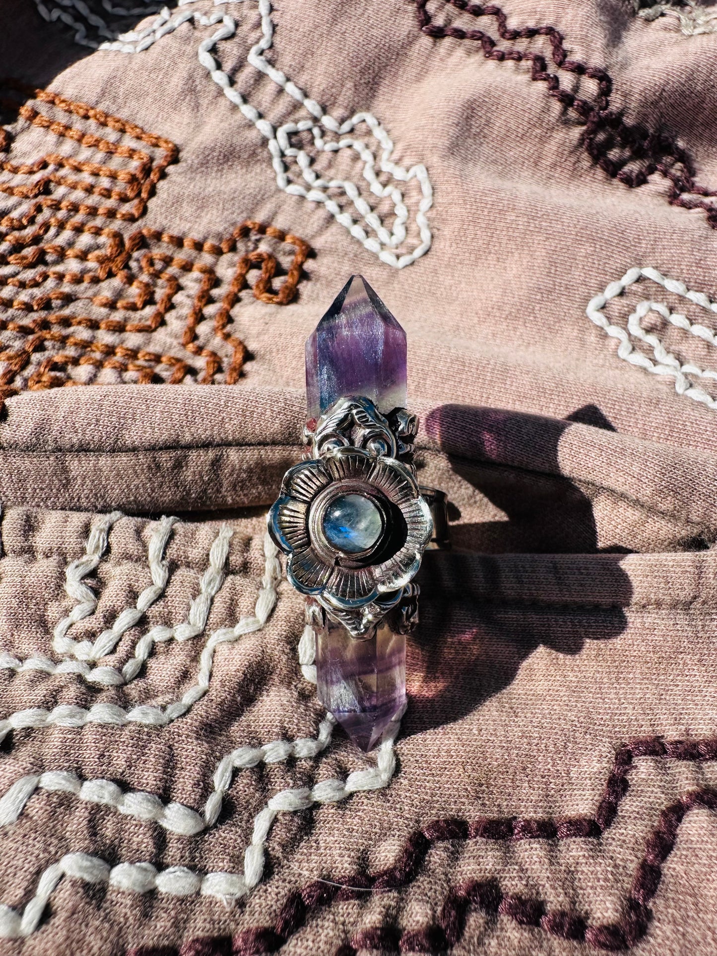 Fluorite & Labradorite Double Point Ring