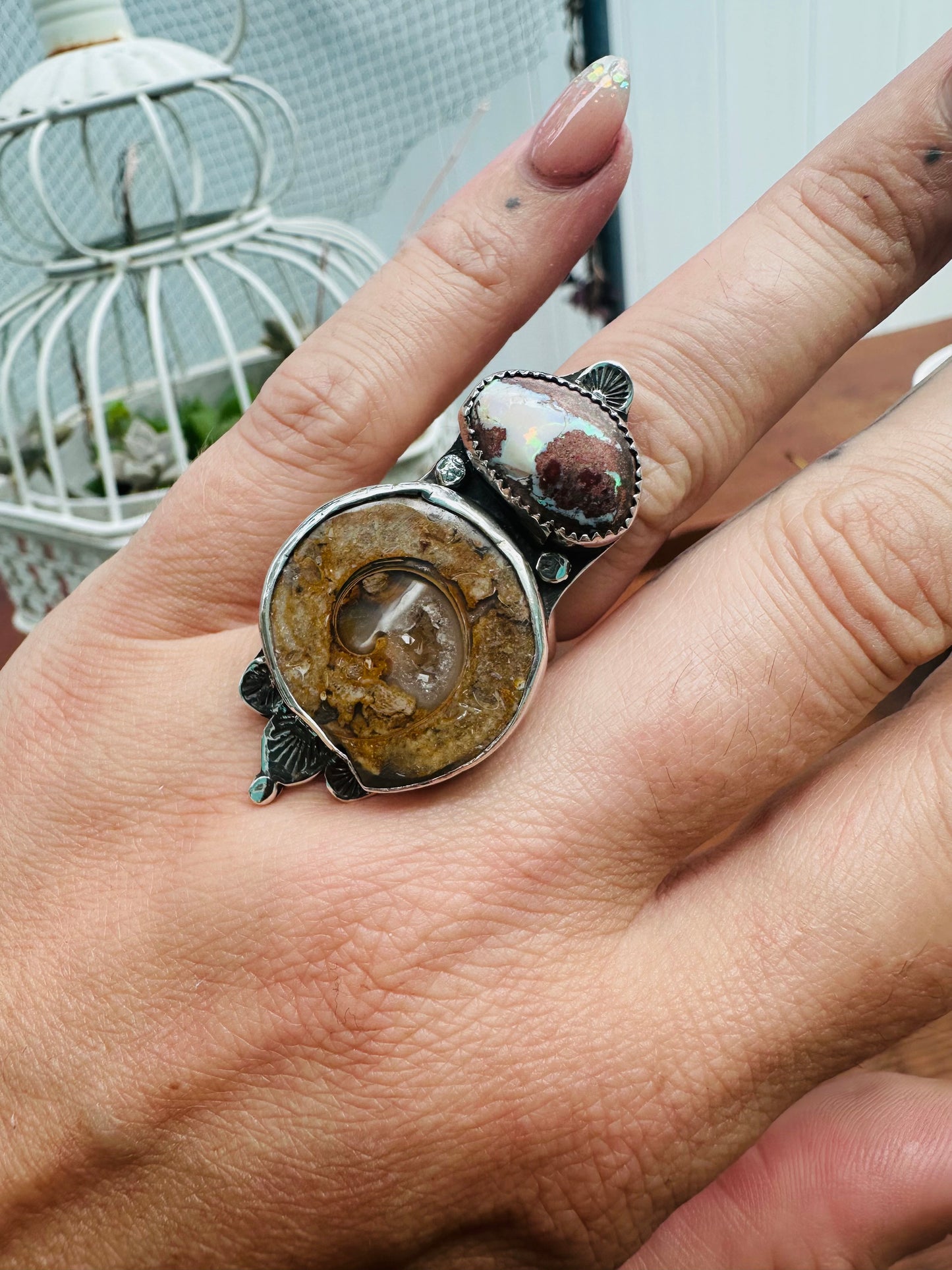 Boho Sterling Silver Statement Ring with Fossilized Druzy & Mexican Opal – Size 7